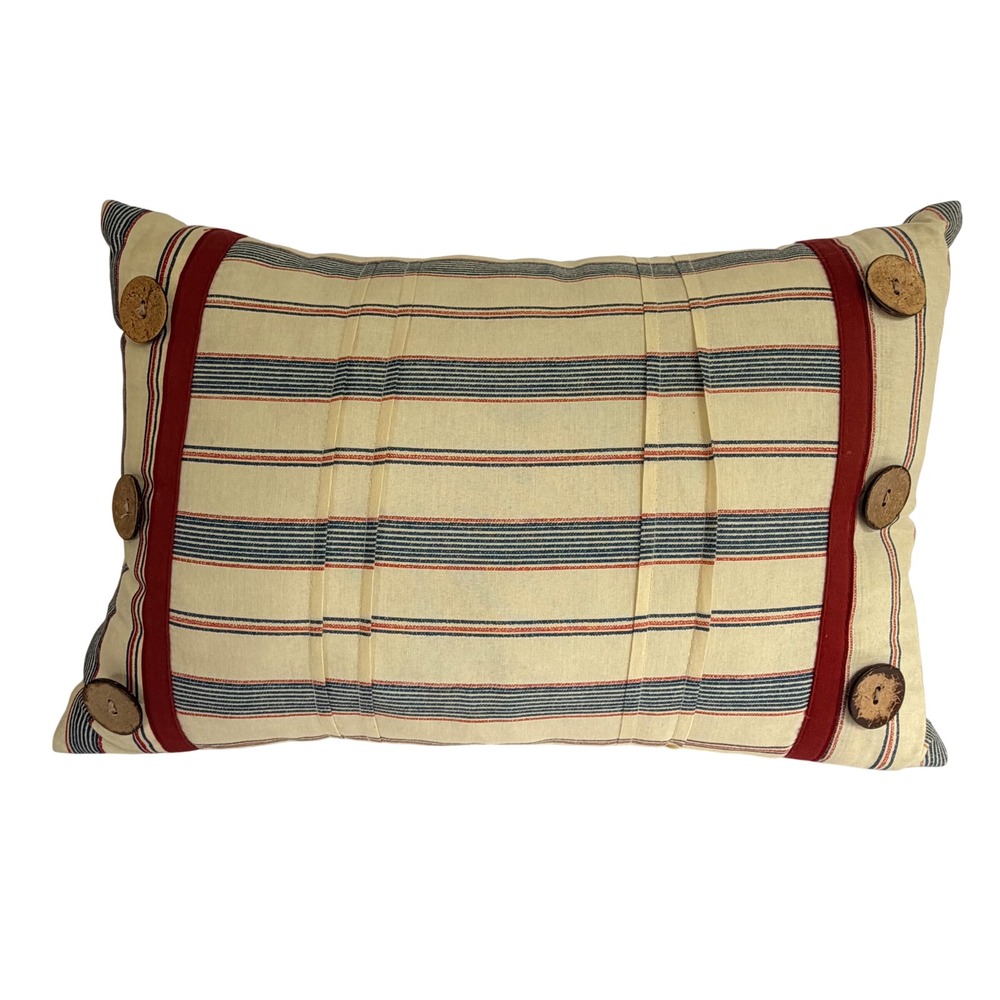 Farmhouse Ticking Stripe Lumbar Pillow Cream‎ Red Navy Blue Rustic Button Accent